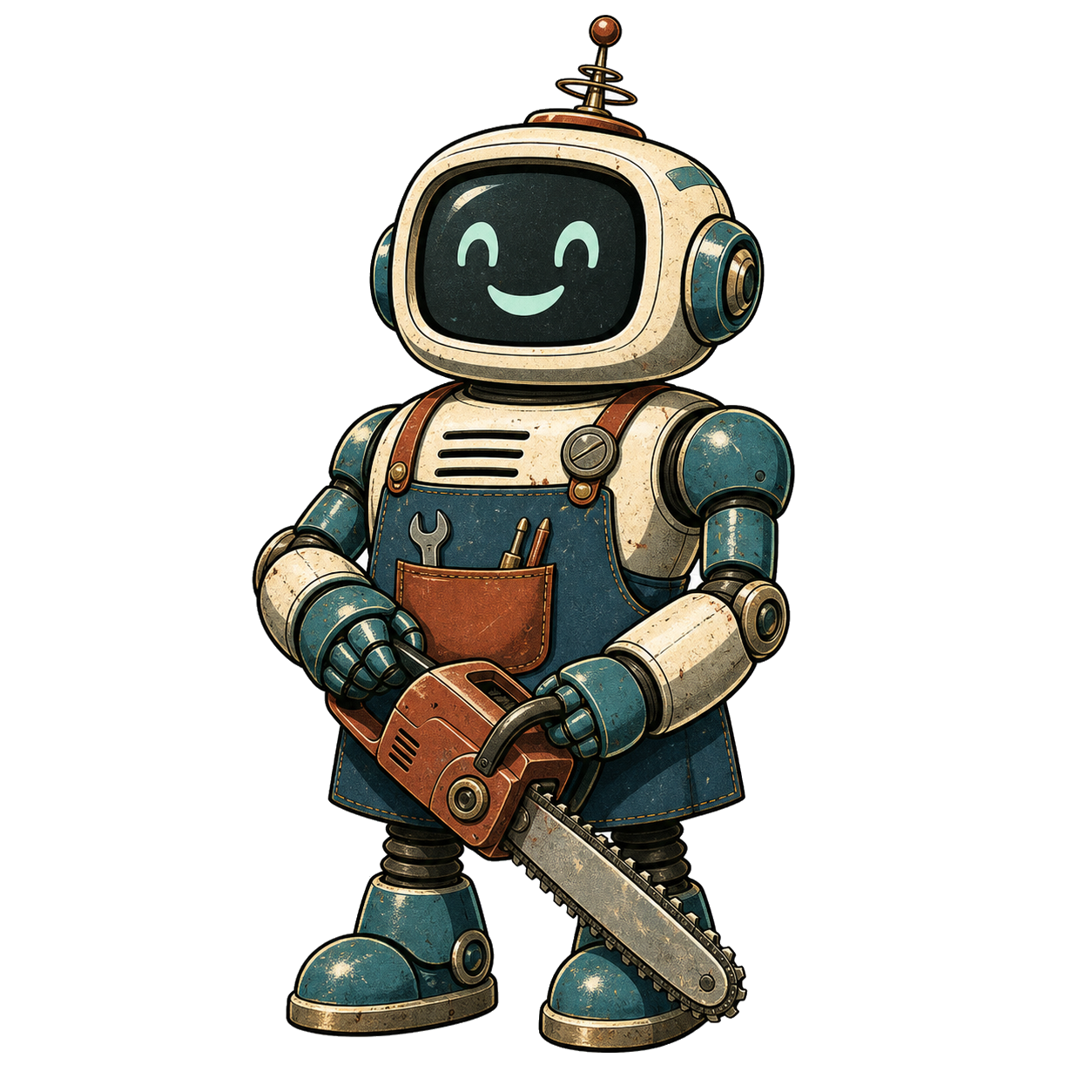 Friendly Human Cost robot mascot holding a chainsaw tool